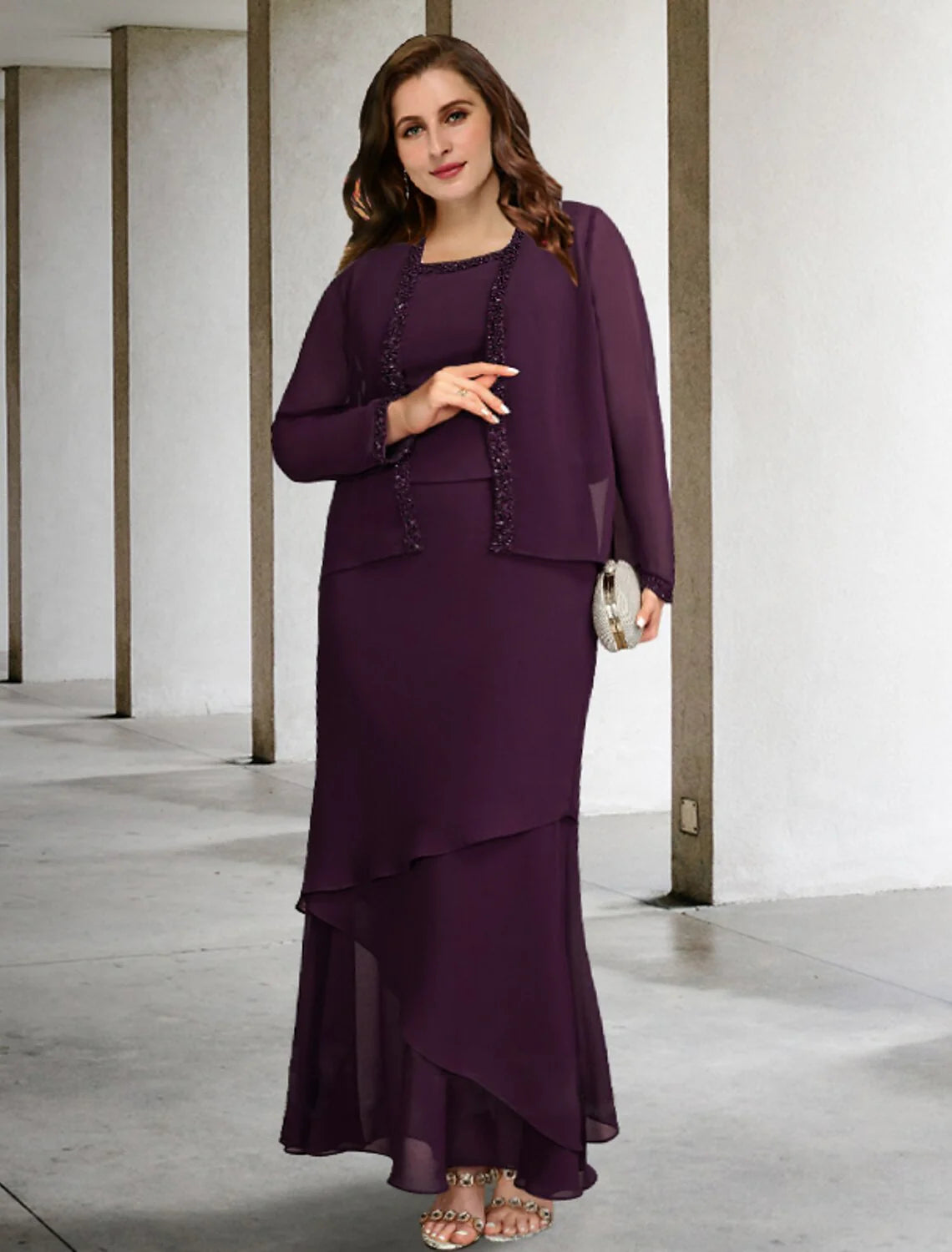 Wholesale Two Piece A-Line Plus Size Curve Mother of the Bride Dresses Elegant Dress Formal Ankle Length Sleeveless Square Neck Chiffon with Beading Ruffles