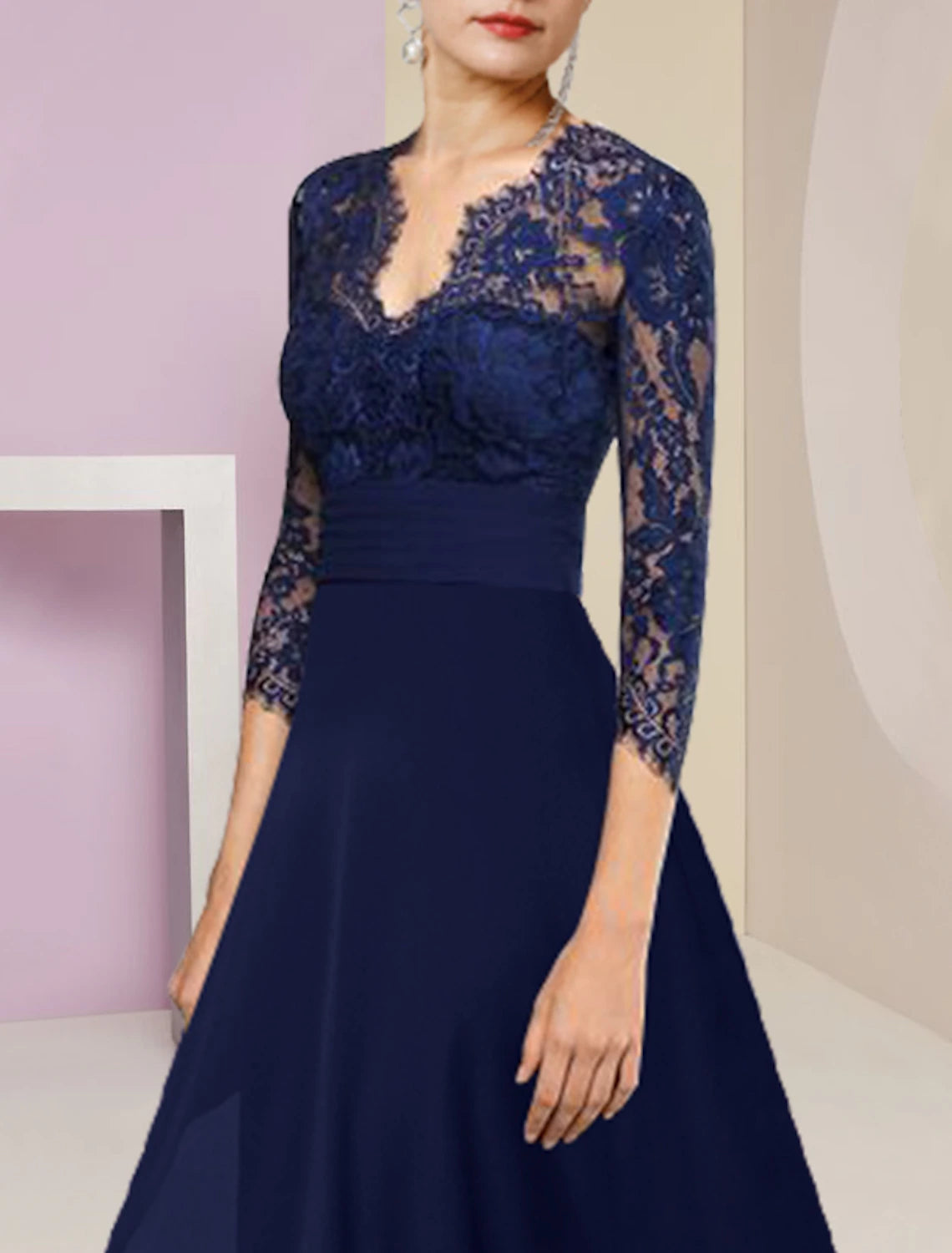 Wholesale A-Line Mother of the Bride Dress Formal Wedding Guest Elegant High Low V Neck Asymmetrical Tea Length Chiffon Lace 3/4 Length Sleeve with Ruched