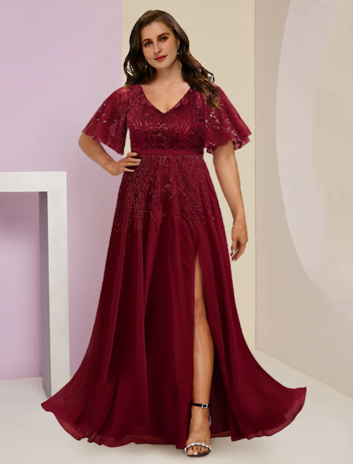 Wholesale Mother of the Bride Dresses Plus Size Curve Hide Belly Wedding Guest Elegant Sparkle & Shine V Neck Floor Length Chiffon Lace Sequined Short Sleeve with Pleats Split Front