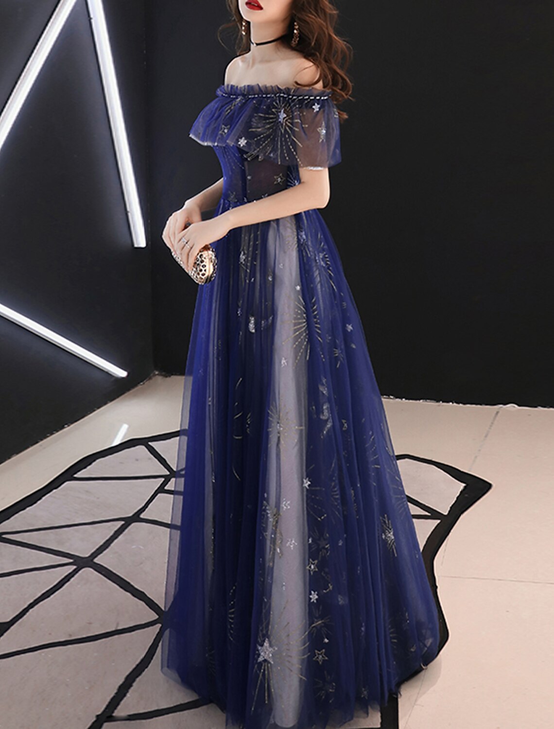 Wholesale A-Line Sparkle Prom Formal Evening Dress Off Shoulder Short Sleeve Floor Length Tulle with Beading Pattern / Print