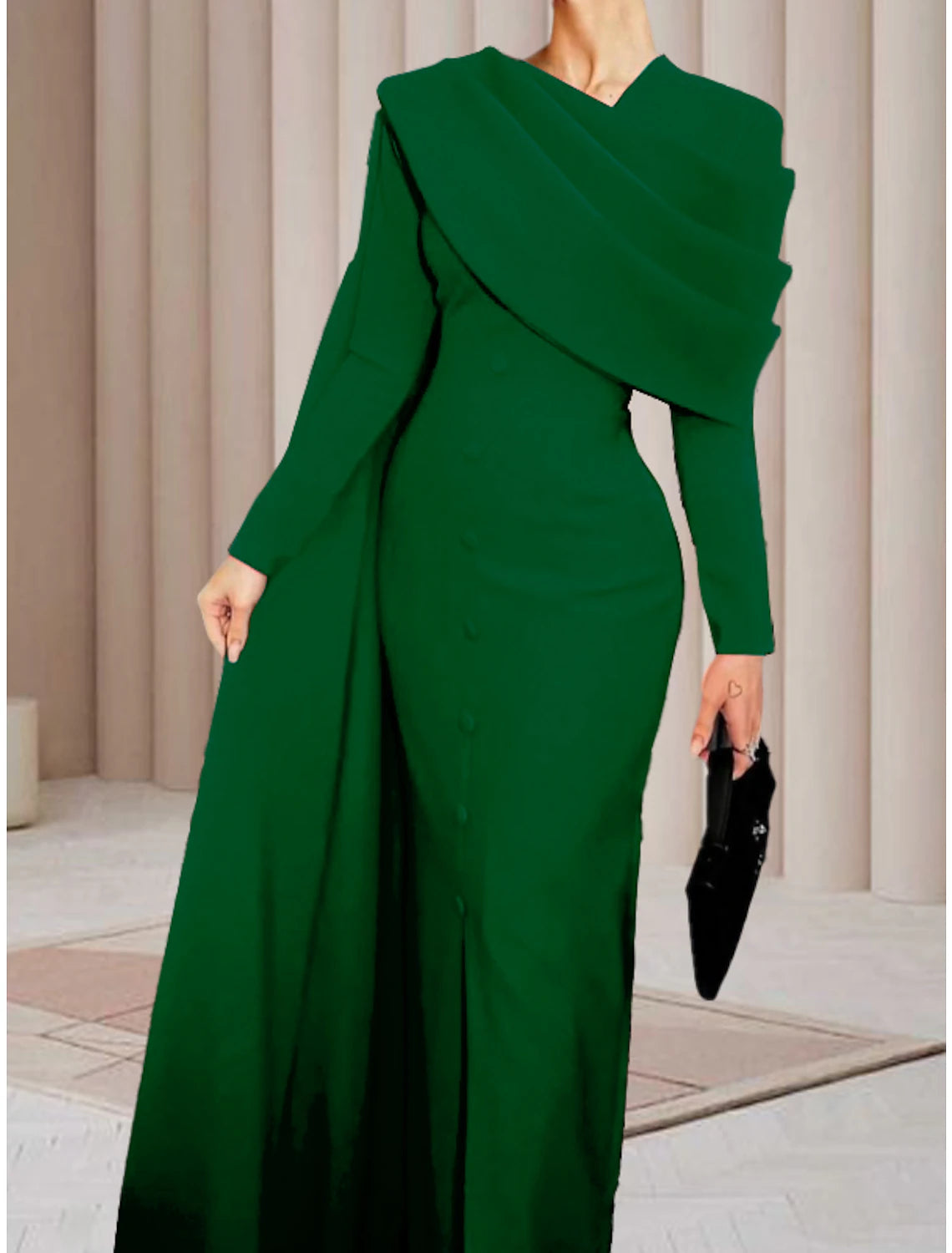 Wholesale Sheath / Column Red Black Christmas Red Green Dress Evening Gown Elegant Cape Dress Formal Fall Sweep / Brush Train Long Sleeve Cowl Neck Stretch Fabric with Buttons Slit