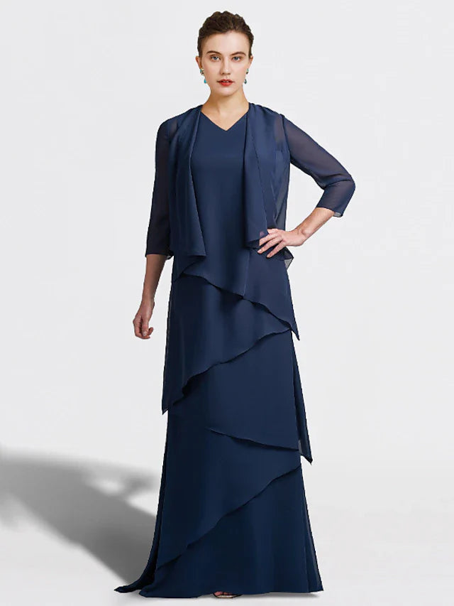 Wholesale Two Piece A-Line Mother of the Bride Dress Plus Size Elegant V Neck Floor Length Chiffon Sleeveless Wrap Included with Ruffles