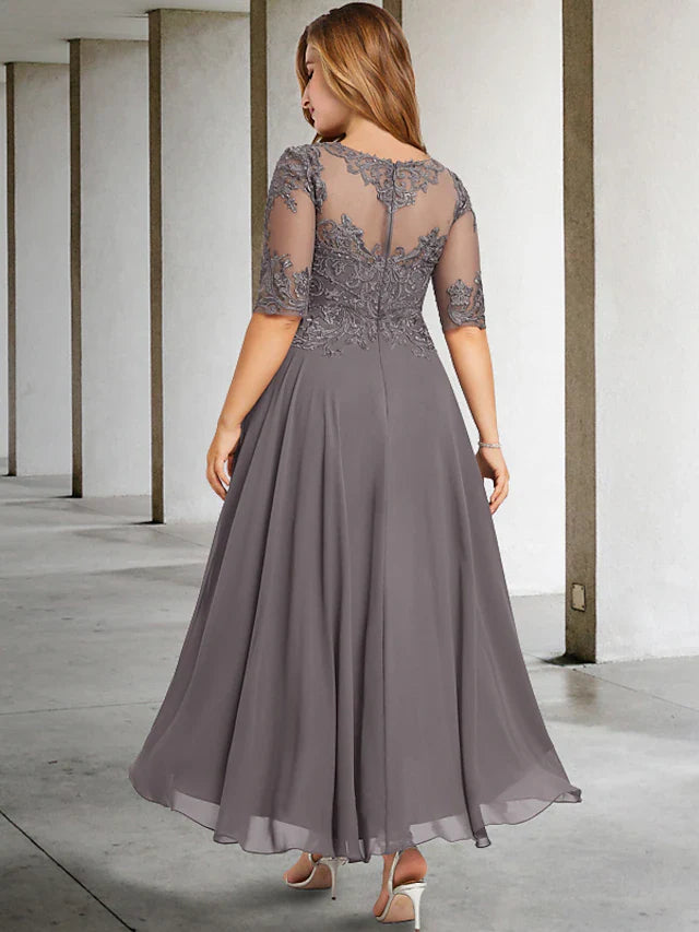 Wholesale A-Line Plus Size Curve Mother of the Bride Dresses Elegant Dress Formal Asymmetrical Half Sleeve Jewel Neck Chiffon with Beading Appliques