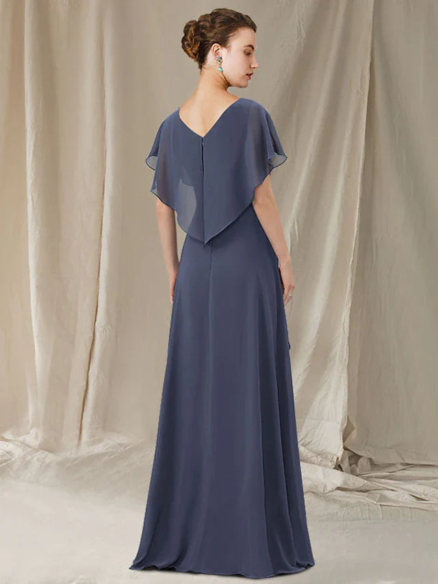 Wholesale A-Line Mother of the Bride Dress Elegant High Low V Neck Sweep / Brush Train Asymmetrical Chiffon Short Sleeve with Lace Cascading Ruffles