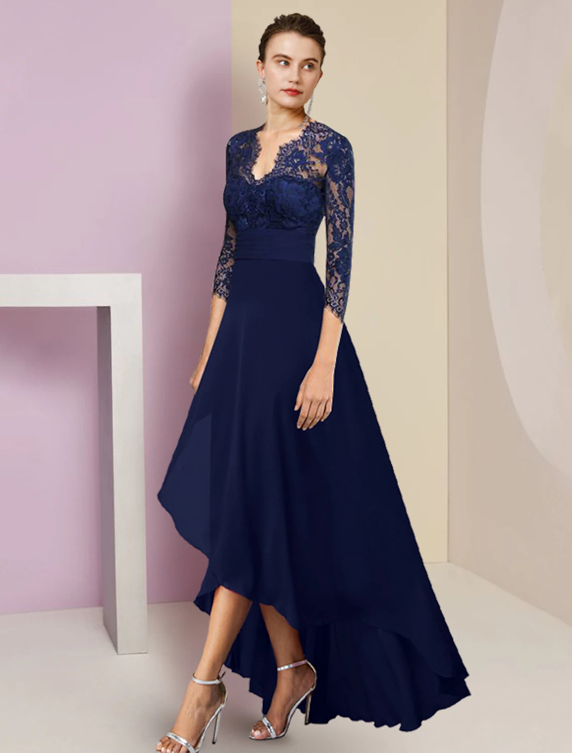 Wholesale A-Line Mother of the Bride Dress Formal Wedding Guest Elegant High Low V Neck Asymmetrical Tea Length Chiffon Lace 3/4 Length Sleeve with Ruched