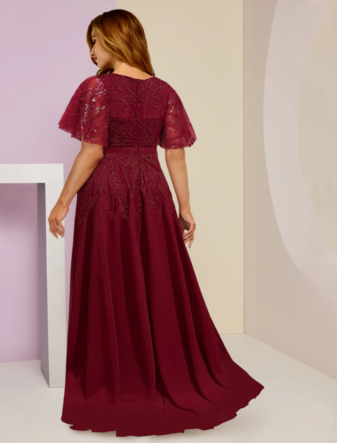 Wholesale Mother of the Bride Dresses Plus Size Curve Hide Belly Wedding Guest Elegant Sparkle & Shine V Neck Floor Length Chiffon Lace Sequined Short Sleeve with Pleats Split Front