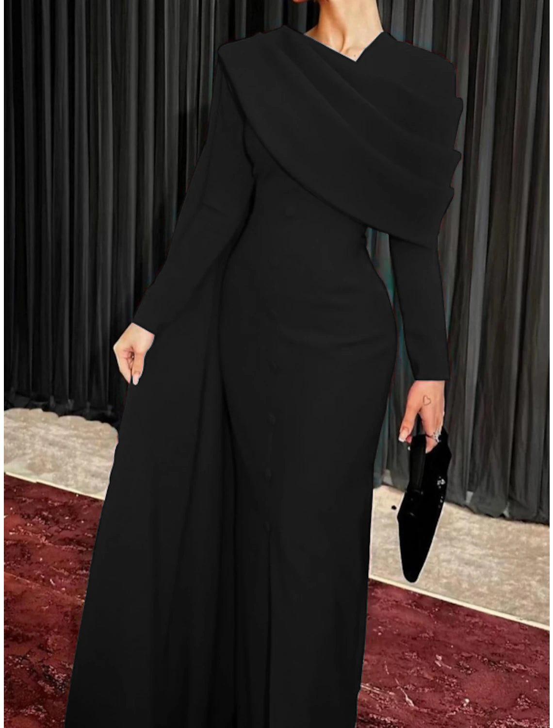 Wholesale Sheath / Column Red Black Christmas Red Green Dress Evening Gown Elegant Cape Dress Formal Fall Sweep / Brush Train Long Sleeve Cowl Neck Stretch Fabric with Buttons Slit