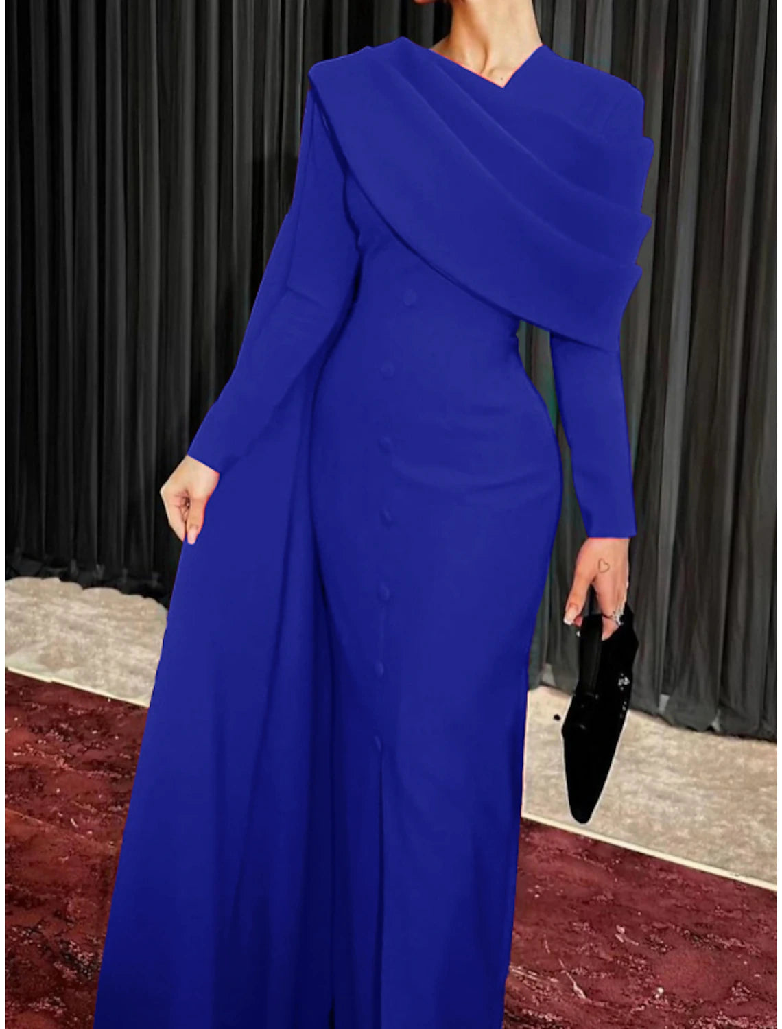 Wholesale Sheath / Column Red Black Christmas Red Green Dress Evening Gown Elegant Cape Dress Formal Fall Sweep / Brush Train Long Sleeve Cowl Neck Stretch Fabric with Buttons Slit