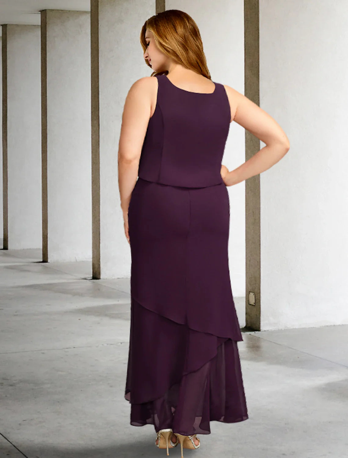 Wholesale Two Piece A-Line Plus Size Curve Mother of the Bride Dresses Elegant Dress Formal Ankle Length Sleeveless Square Neck Chiffon with Beading Ruffles