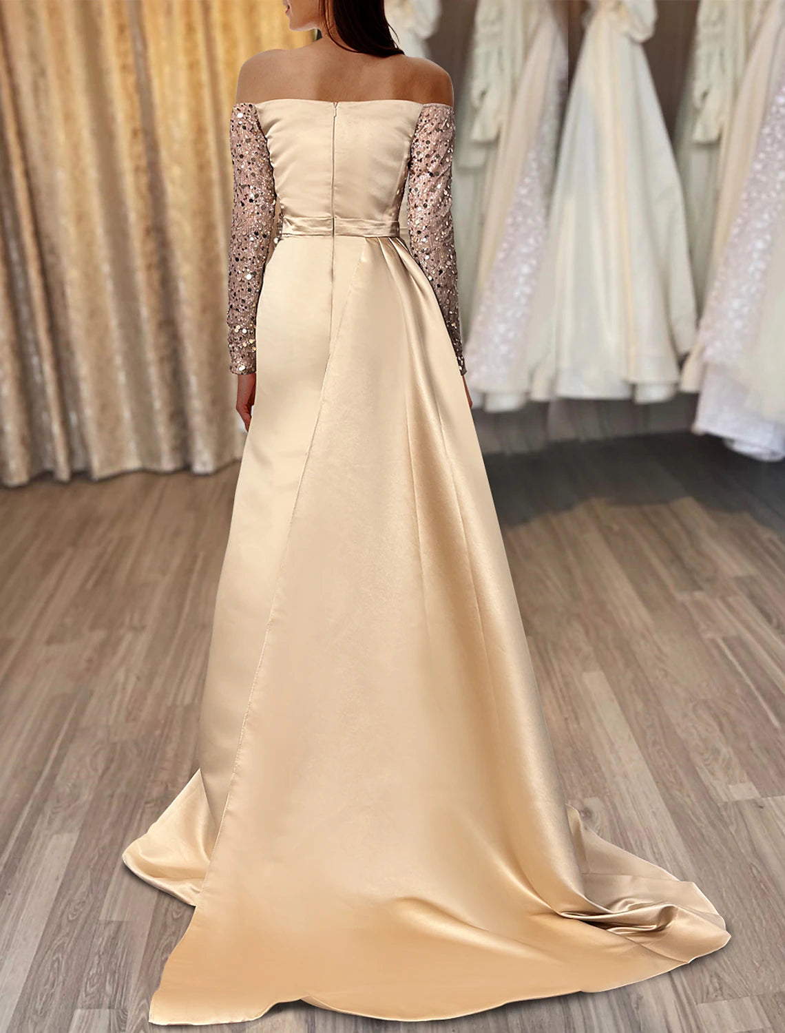 Wholesale Mermaid Black Dress Evening Gown Ruched Sequin Dress Formal Sparkle Wedding Party Court Train Long Sleeve Off Shoulder Fall Wedding Reception Satin with Slit