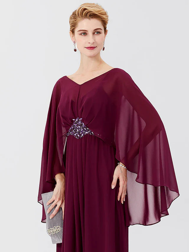 Wholesale Sheath / Column Mother of the Bride Dress Formal Classic & Timeless Elegant & Luxurious Elegant V Neck Floor Length Chiffon Long Sleeve with Pleats Beading