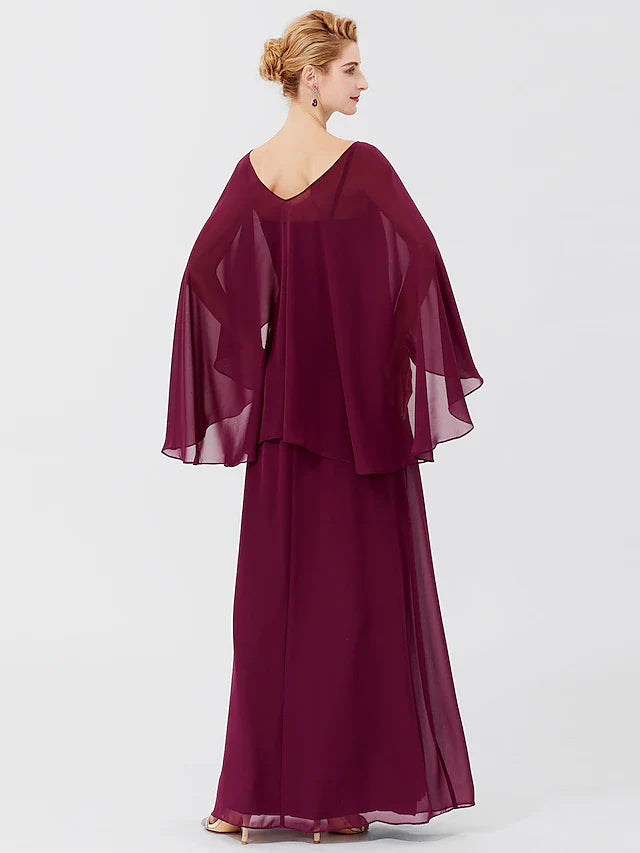 Wholesale Sheath / Column Mother of the Bride Dress Formal Classic & Timeless Elegant & Luxurious Elegant V Neck Floor Length Chiffon Long Sleeve with Pleats Beading