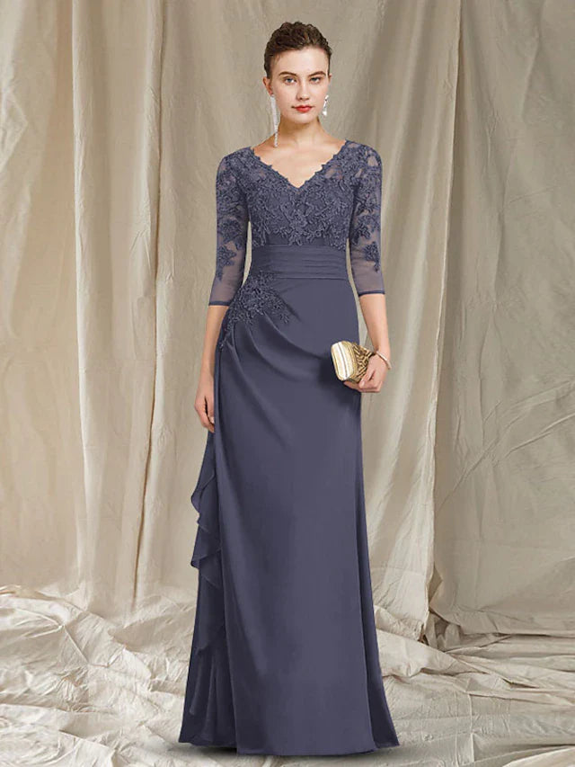 Wholesale Sheath / Column Mother of the Bride Dress Plus Size Elegant V Neck Floor Length Chiffon 3/4 Length Sleeve with Ruffles Appliques