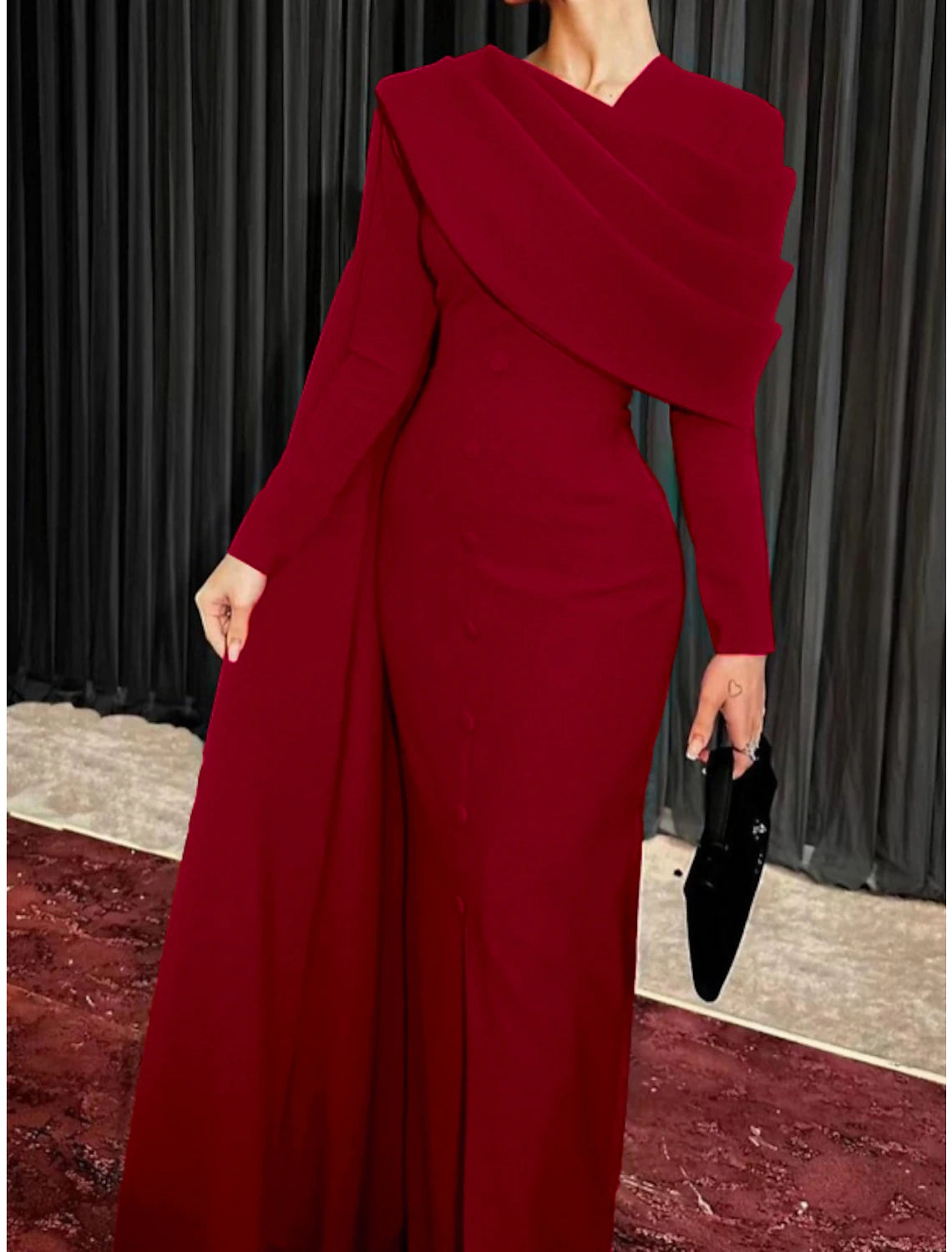 Wholesale Sheath / Column Red Black Christmas Red Green Dress Evening Gown Elegant Cape Dress Formal Fall Sweep / Brush Train Long Sleeve Cowl Neck Stretch Fabric with Buttons Slit