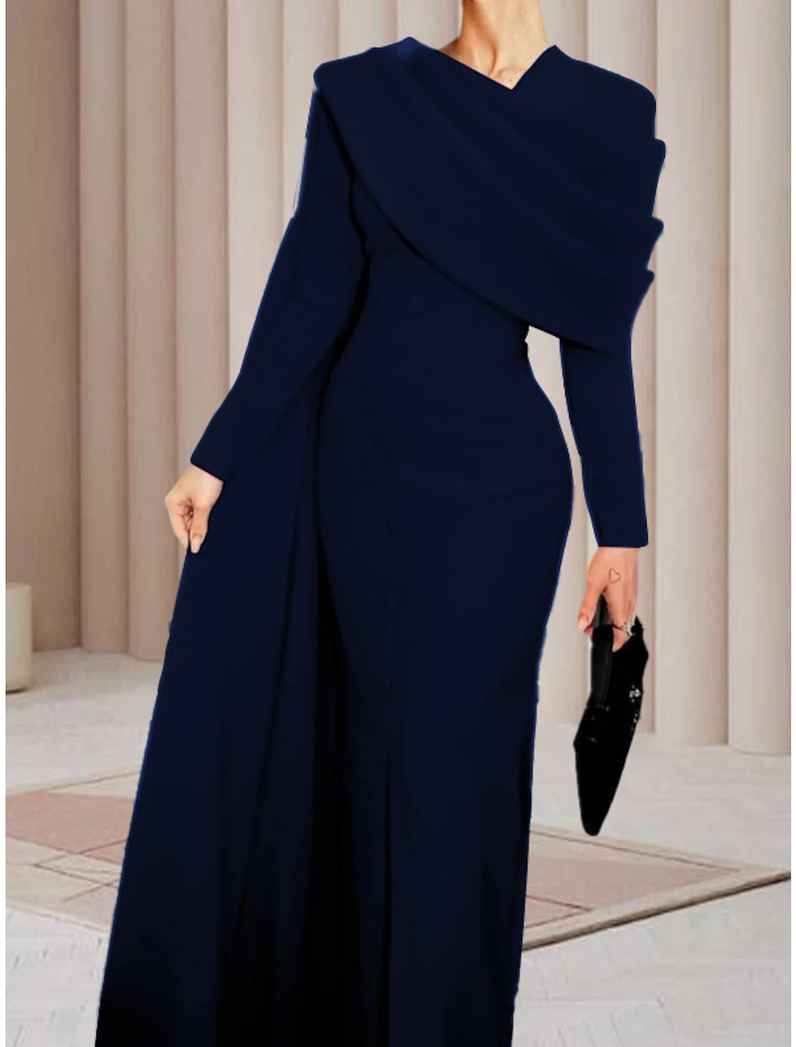 Wholesale Sheath / Column Red Black Christmas Red Green Dress Evening Gown Elegant Cape Dress Formal Fall Sweep / Brush Train Long Sleeve Cowl Neck Stretch Fabric with Buttons Slit