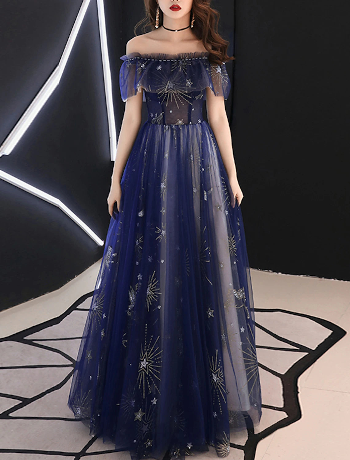 Wholesale A-Line Sparkle Prom Formal Evening Dress Off Shoulder Short Sleeve Floor Length Tulle with Beading Pattern / Print