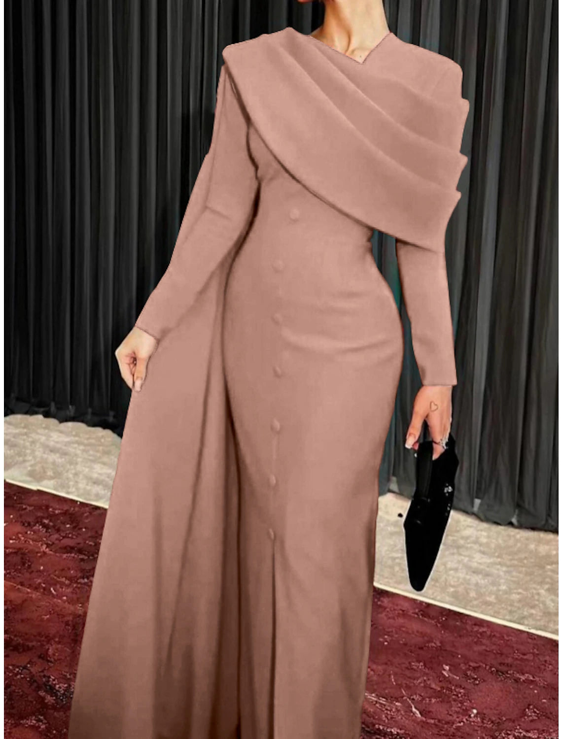 Wholesale Sheath / Column Red Black Christmas Red Green Dress Evening Gown Elegant Cape Dress Formal Fall Sweep / Brush Train Long Sleeve Cowl Neck Stretch Fabric with Buttons Slit