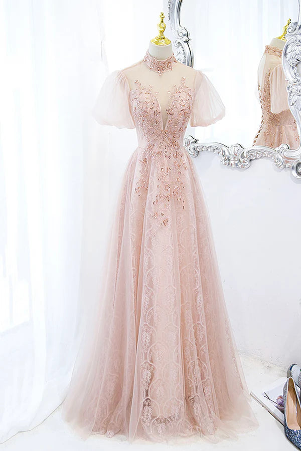 Wholesale Pink Tulle Long A-Line Prom Dress Pink Short Sleeve Evening Party Dress