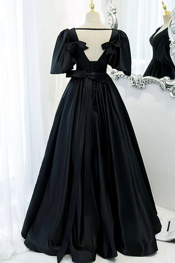 Wholesale Black V-Neck Satin Long Prom Dress A-Line Short Sleeve Evening Dress