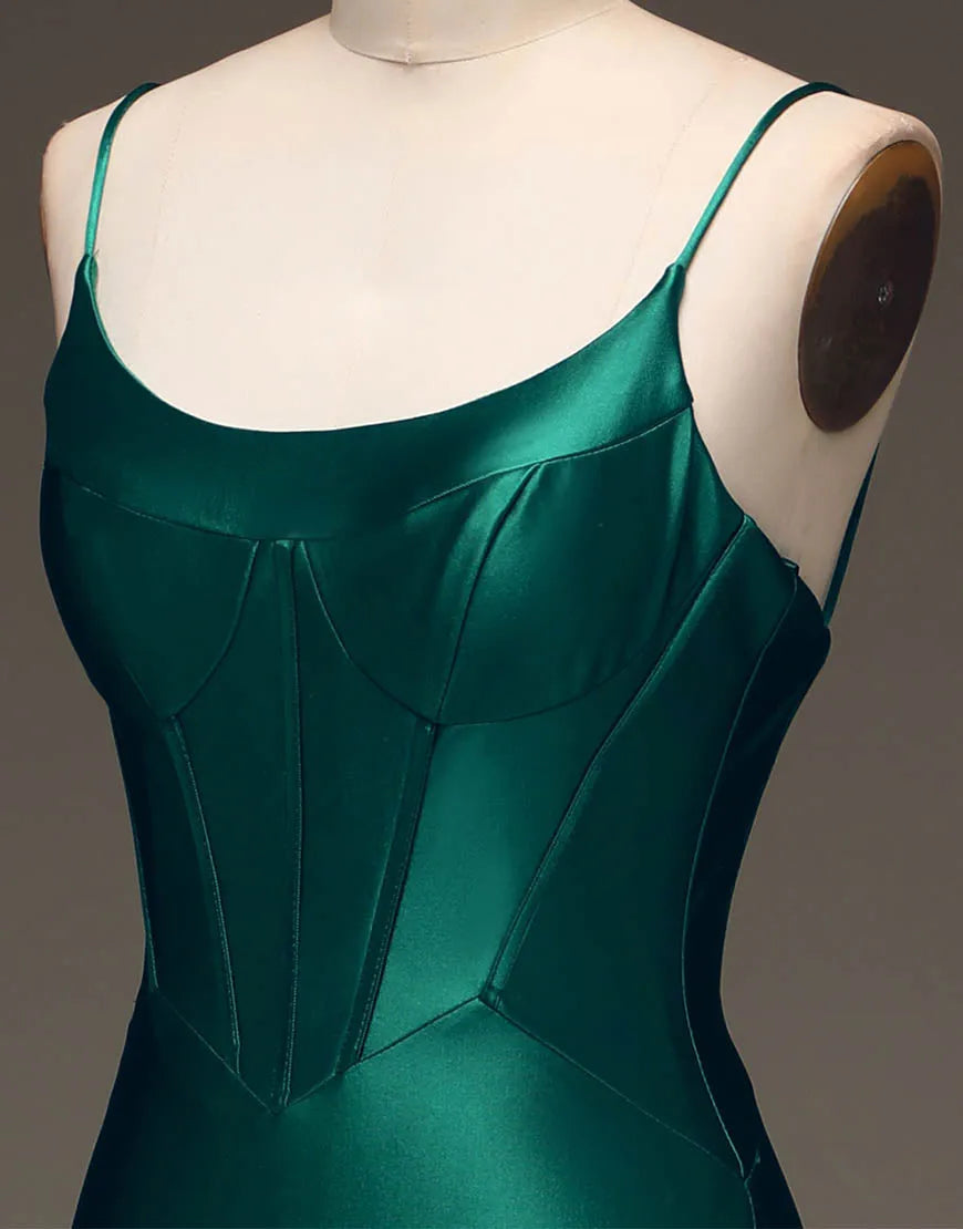 Wholesale Simple Dark Green Spaghetti Straps Lace Up Long Tight Satin Prom Dress prom clothing