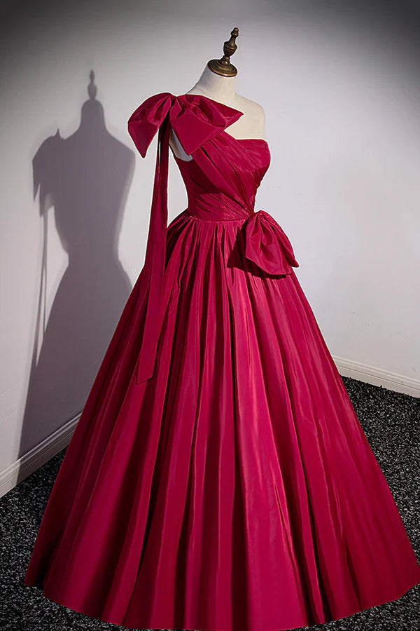 Wholesale Red One Shoulder Satin Long Prom Dress A-Line Evening Party Dress