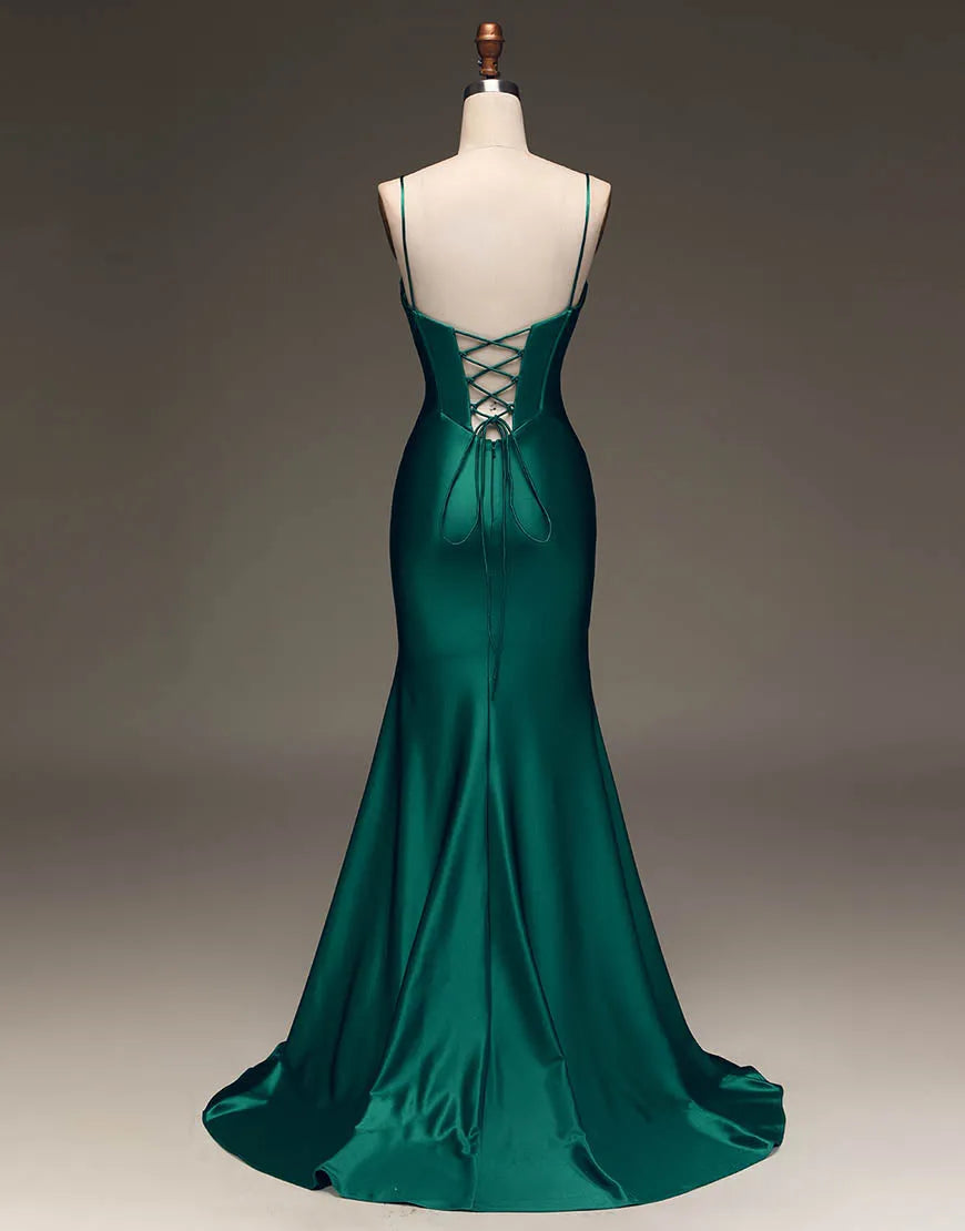 Wholesale Simple Dark Green Spaghetti Straps Lace Up Long Tight Satin Prom Dress prom clothing