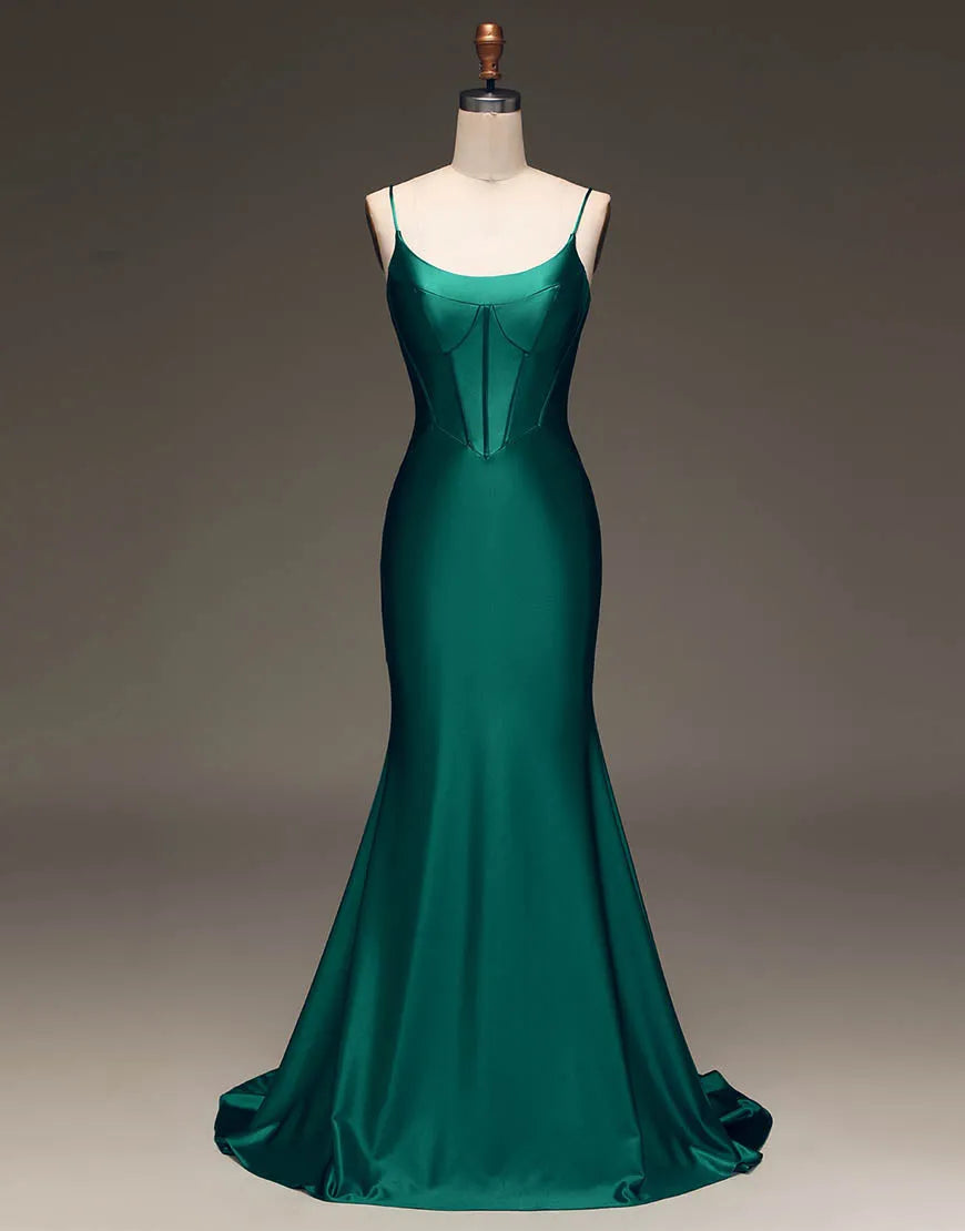 Wholesale Simple Dark Green Spaghetti Straps Lace Up Long Tight Satin Prom Dress prom clothing