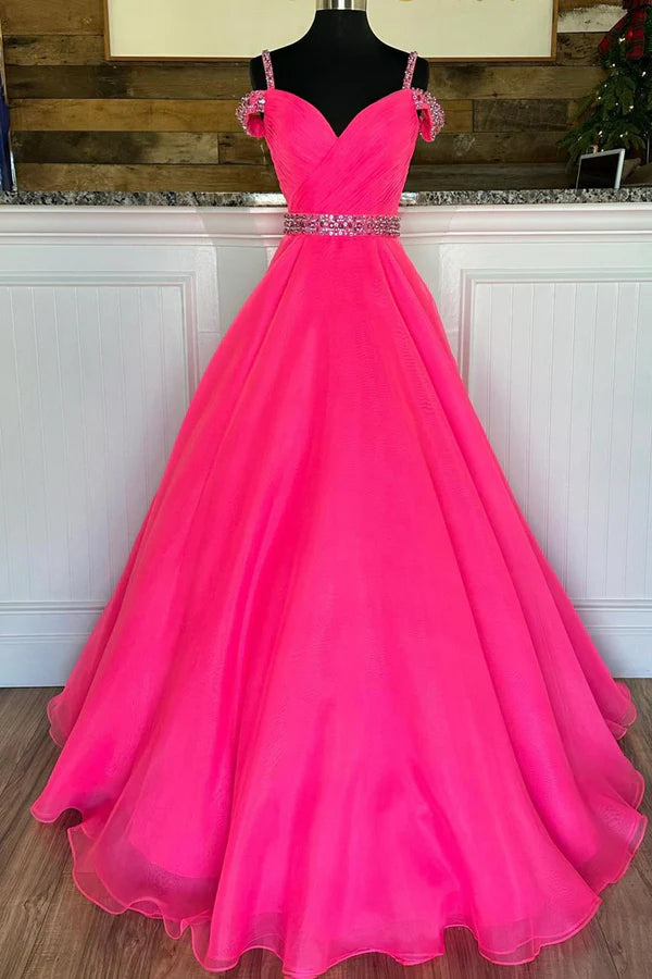 Wholesale Off Shoulder Tulle Beaded Long Formal Dress Hot Pink Evening Party Dress