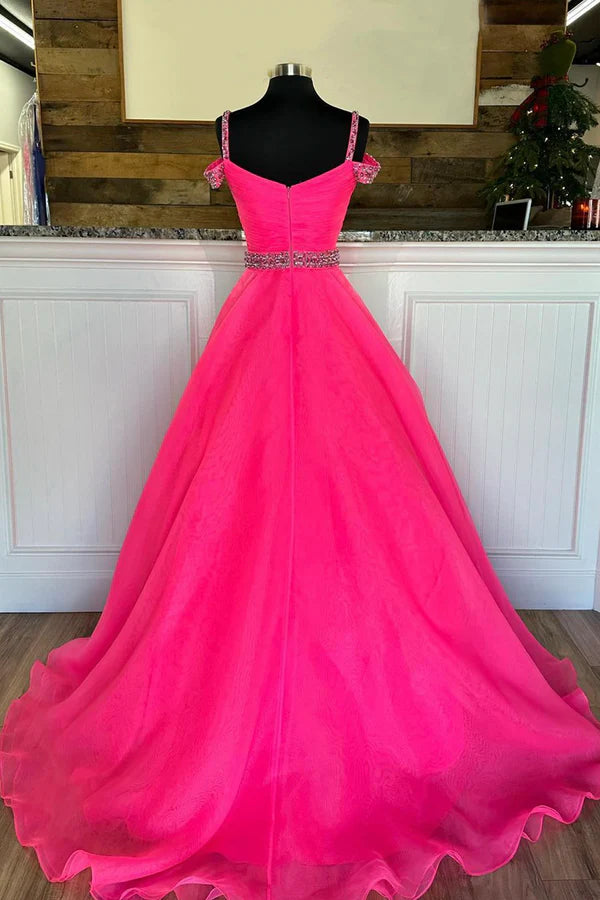 Wholesale Off Shoulder Tulle Beaded Long Formal Dress Hot Pink Evening Party Dress