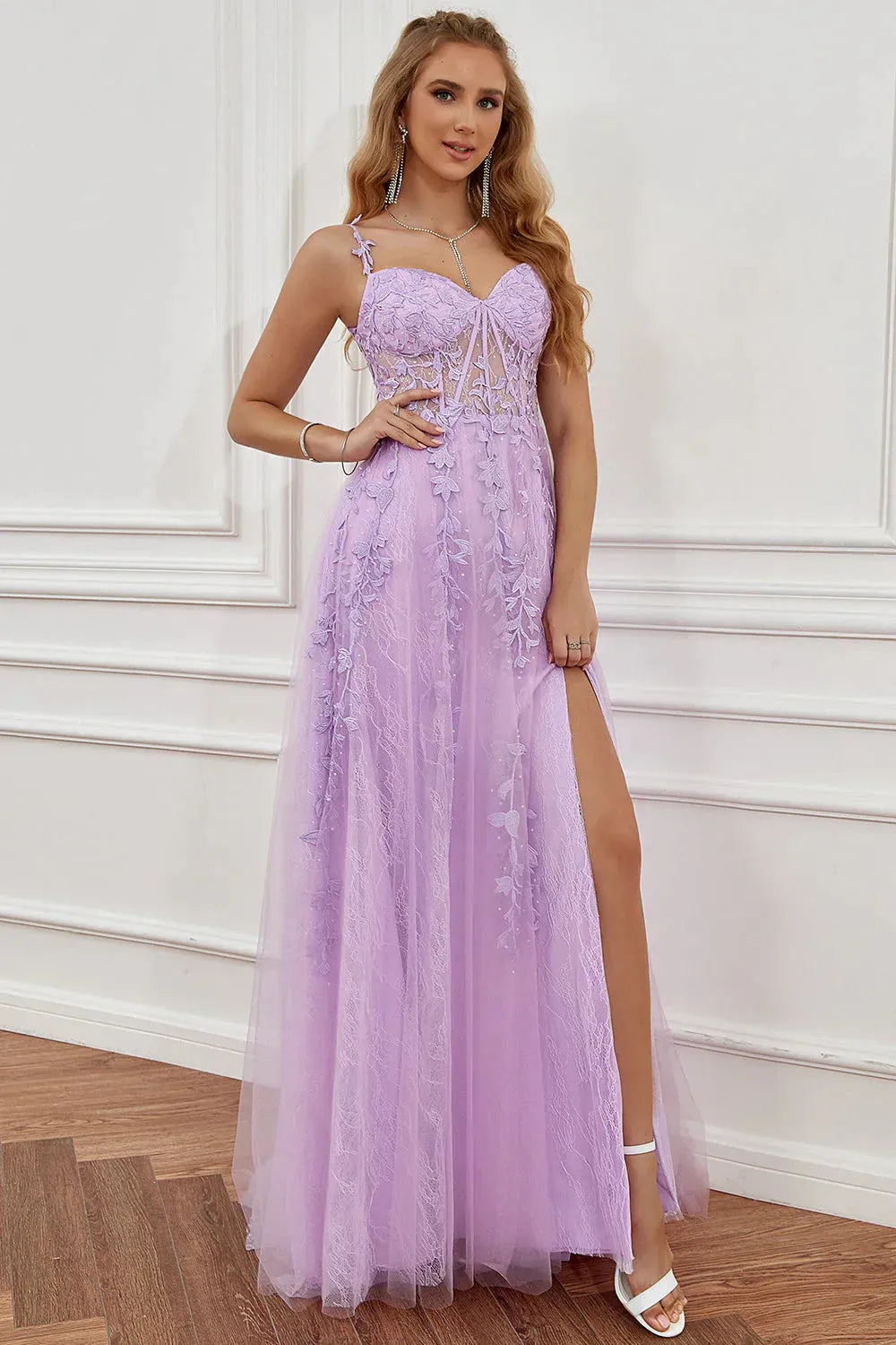 Wholesale Purple A-Line Spaghetti Straps Zipper Back Long Prom Dress With Appliques prom dresses with long sleeves