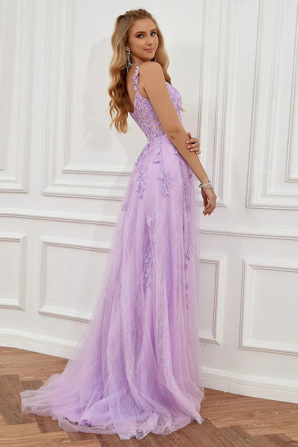 Wholesale Purple A-Line Spaghetti Straps Zipper Back Long Prom Dress With Appliques prom dresses with long sleeves
