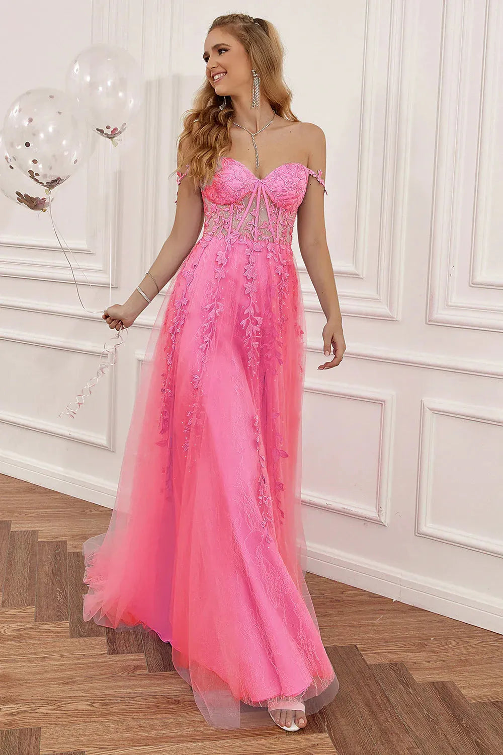 Wholesale Hot Pink A-Line Spaghetti Straps Zipper Back Long Prom Dress With Appliques prom dresses with long sleeves