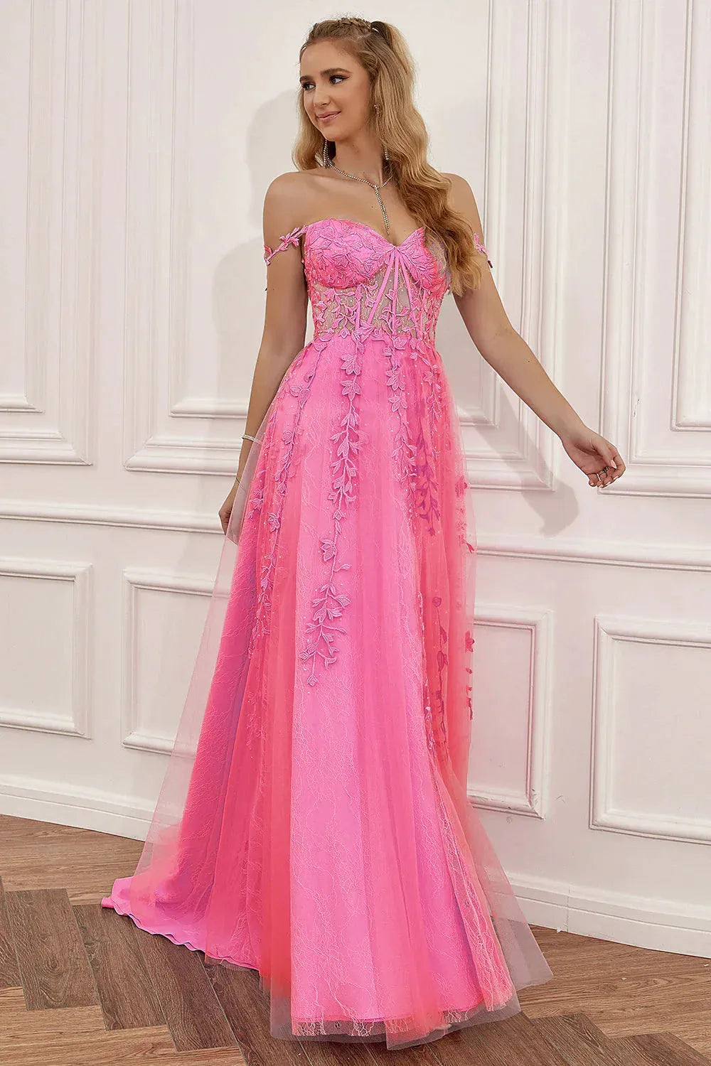 Wholesale Hot Pink A-Line Spaghetti Straps Zipper Back Long Prom Dress With Appliques prom dresses with long sleeves