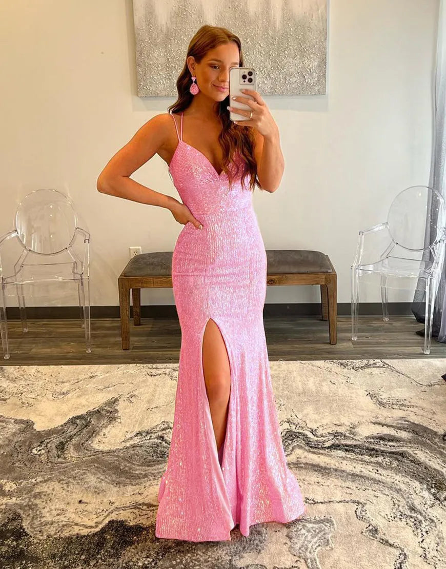 Wholesale Glitter Mermaid Pink Sequins Mesh Prom Dress prom dresses with long sleeves