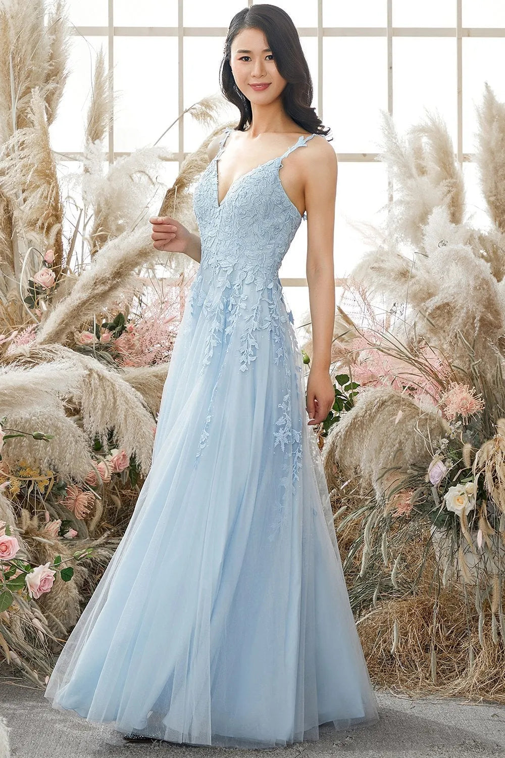 Wholesale A-Line Double Straps Lace Up Long Prom Dress With Appliques prom dresses shops