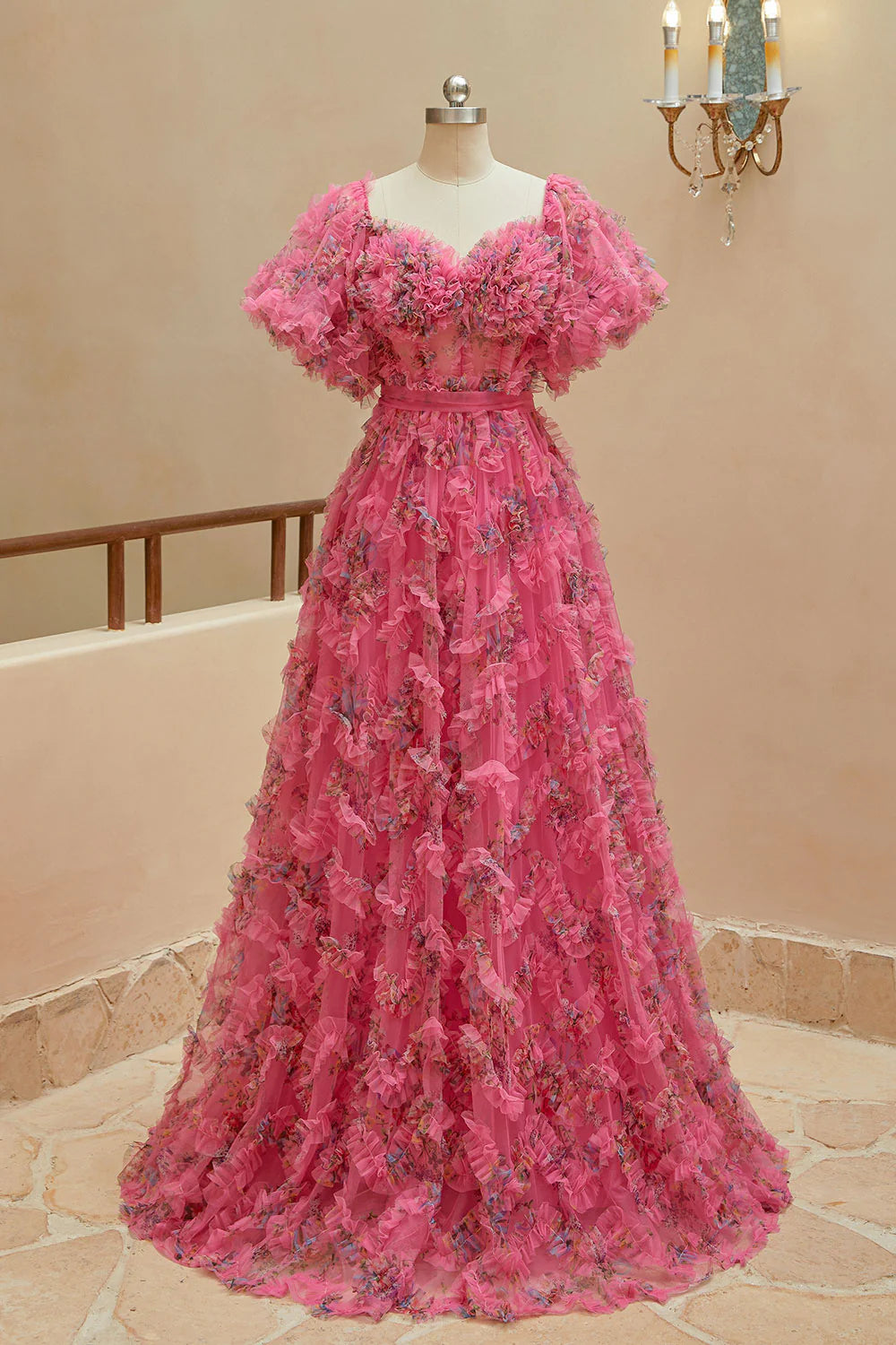 Wholesale A Line Sweetheart Ruffles Sweep Train Floral Printed Chiffon Prom Dresses