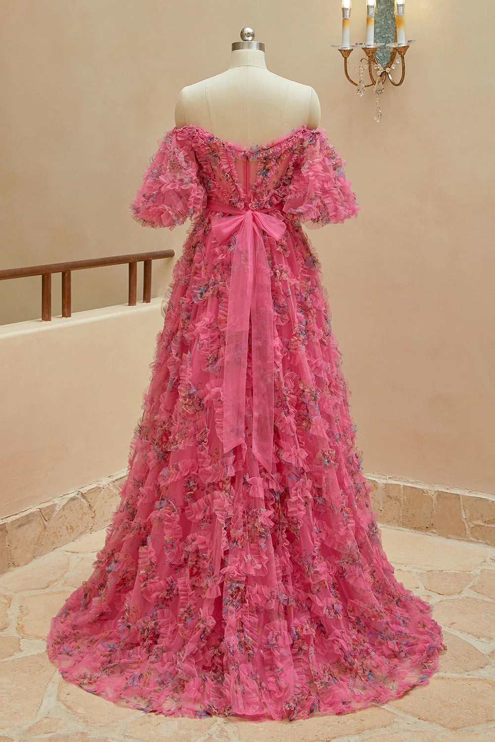 Wholesale A Line Sweetheart Ruffles Sweep Train Floral Printed Chiffon Prom Dresses