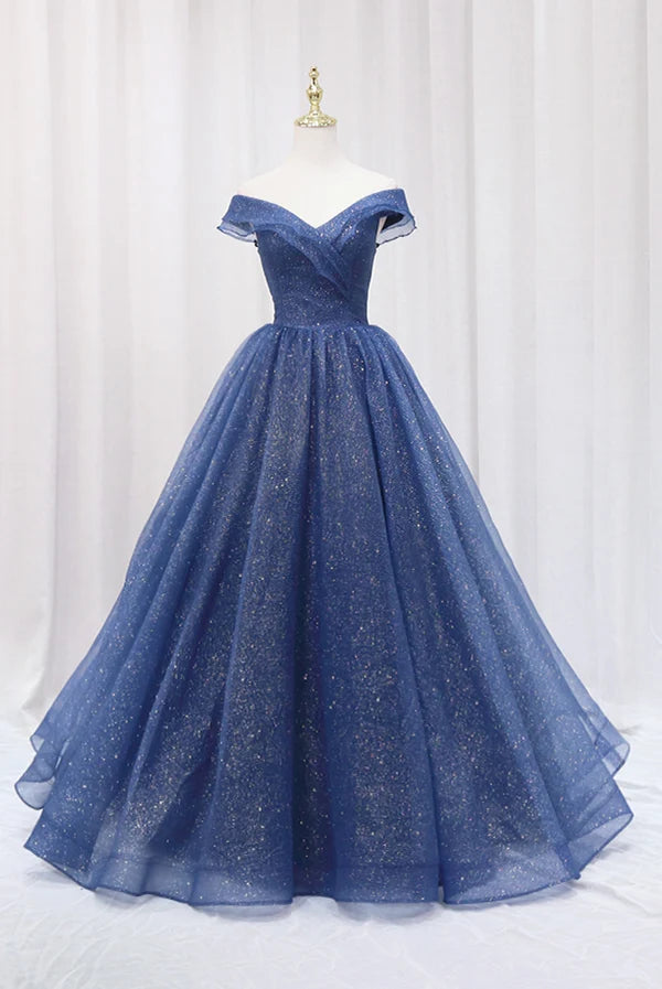 Wholesale Blue Shiny Tulle Off the Shoulder Prom Dress Blue V-Neck Evening Dress