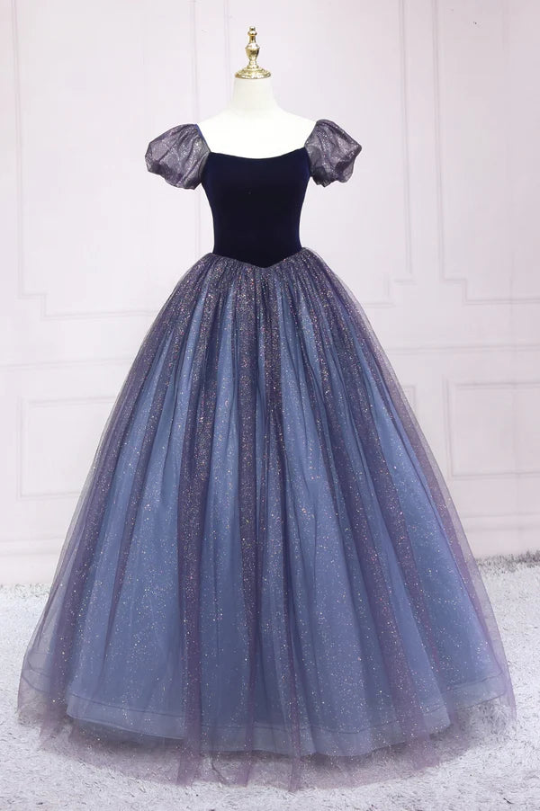 Wholesale Cute Velvet Tulle Long Prom Dress A-Line Short Sleeve Graduation Dress