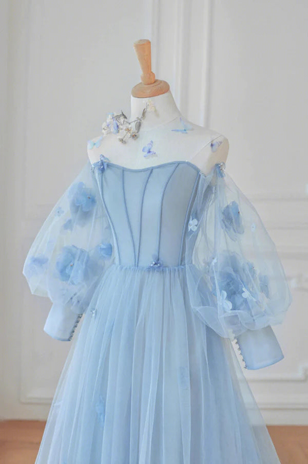 Wholesale Blue Tulle Flowers Long Prom Dress Lovely A-Line Puff Sleeve Evening Dress