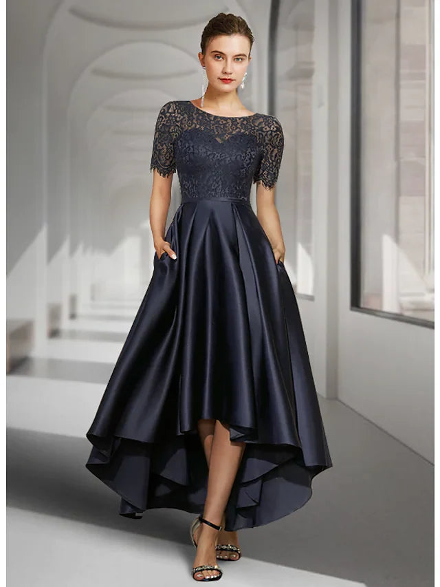 Wholesale A-Line Mother of the Bride Dress Elegant Jewel Neck Asymmetrical Lace Satin Short Sleeve with Pleats