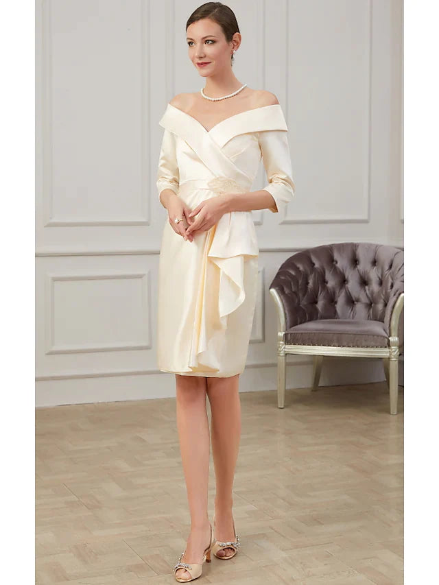 Wholesale Mother of the Bride Dress Plus Size Off Shoulder Knee Length Polyester Half Sleeve with Ruffles Ruching