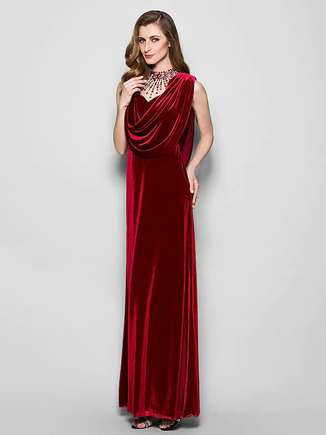 Wholesale Mother of the Bride Dress Cowl Neck Floor Length Velvet Sleeveless with Crystals Beading