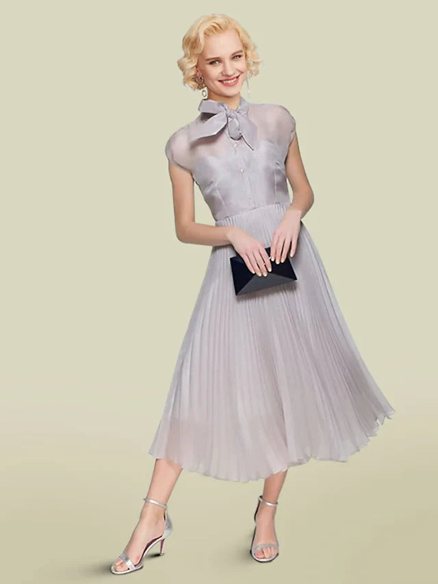 Wholesale A-Line Mother of the Bride Dress Elegant Jewel Neck Tea Length Organza Short Sleeve with Bow(s) Pleats