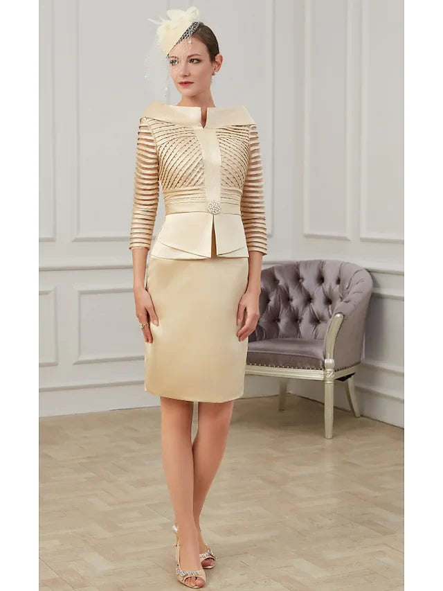 Wholesale Mother of the Bride Dress Plus Size Off Shoulder Knee Length Polyester 3/4 Length Sleeve with Ruching