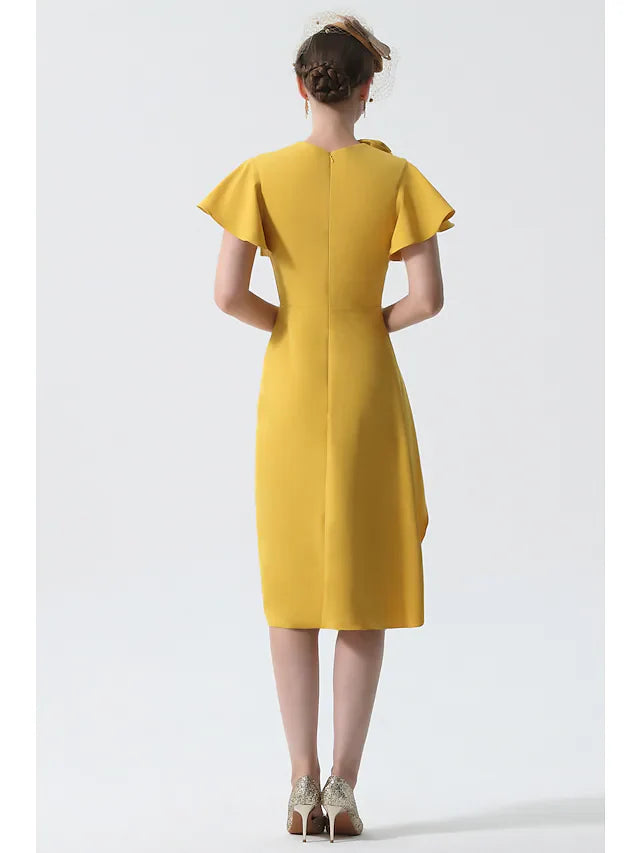 Wholesale Mother of the Bride Dress Elegant Cowl Neck Knee Length Stretch Satin Short Sleeve with Ruching