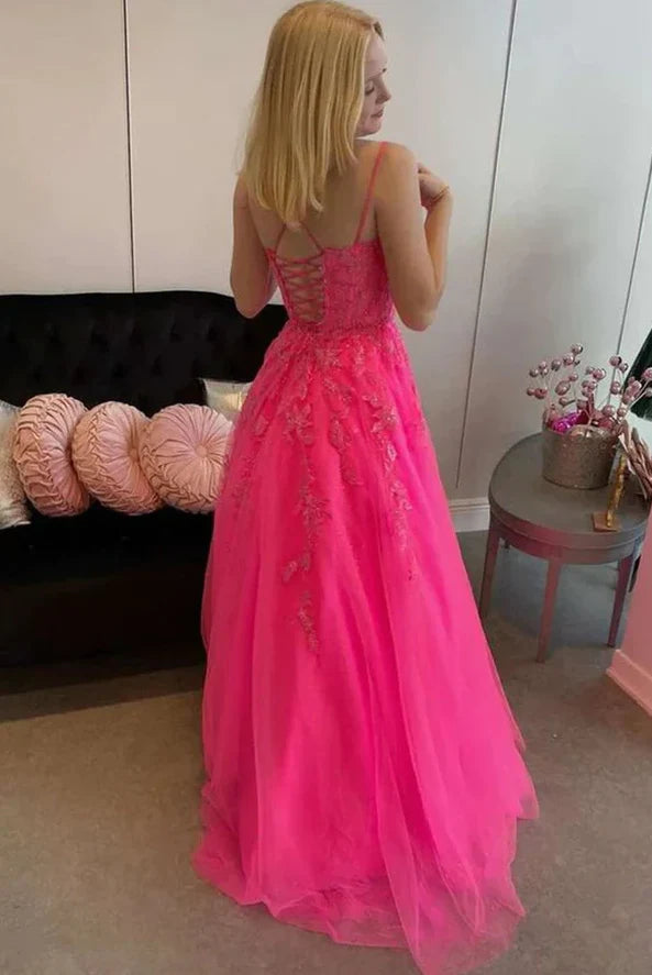 Wholesale Hot Pink A Line Lace Appliques Spaghetti Straps Prom Dress