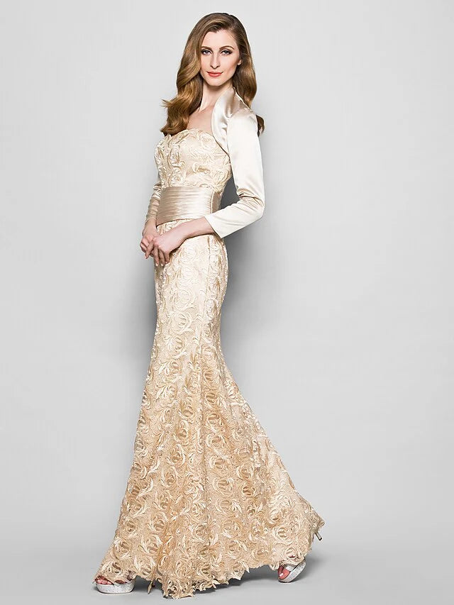 Wholesale Mother of the Bride Dress Wrap Included Sweetheart Neckline Floor Length Lace Satin 3/4 Length Sleeve with Sash Ribbon Ruched