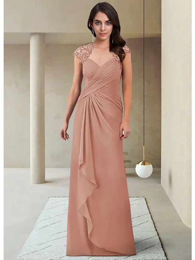 Wholesale Mother of the Bride Dress Elegant V Neck Floor Length Chiffon Short Sleeve with Ruffles Ruching