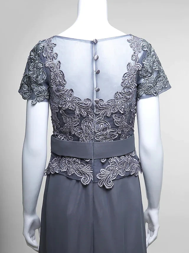 Wholesale Mother of the Bride Dress Elegant V Neck Floor Length Chiffon Lace Short Sleeve with Lace